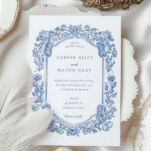 Hand-Painted Blue Floral Elegant Border Invitation