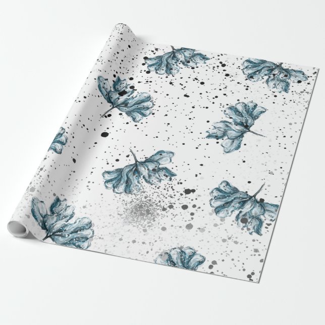 Hand painted blue Floral Wrapping Paper (Unrolled)