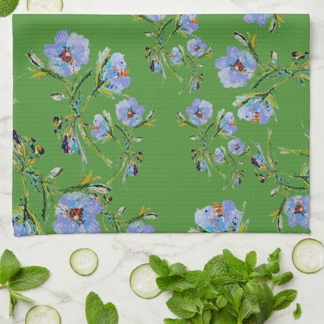 Hand-Painted Blue Flowers on Lovely Green Tea Towe Tea Towel (Folded)