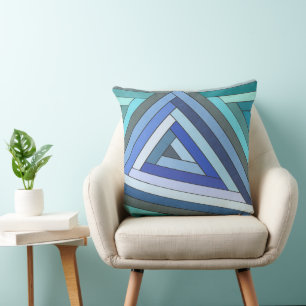 Hand Painted Blue Geometric Triangle Design Cushion
