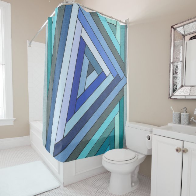 Hand Painted Blue Geometric Triangle Design Shower Curtain (In Situ)