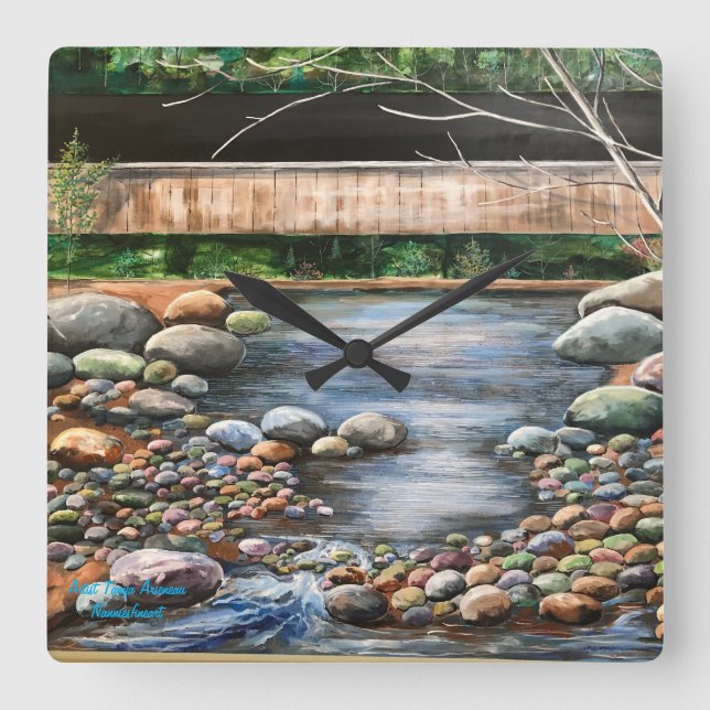 Hand Painted Blue/ Grey Landscape Scene Brook. Square Wall Clock (Front)