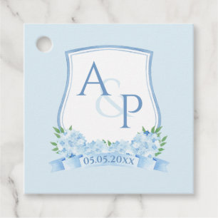 Hand Painted Blue Hydrangea Monogram Crest Wedding Favour Tags