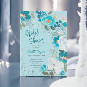 Hand Painted Blue ice Floral Winter bridal shower Invitation