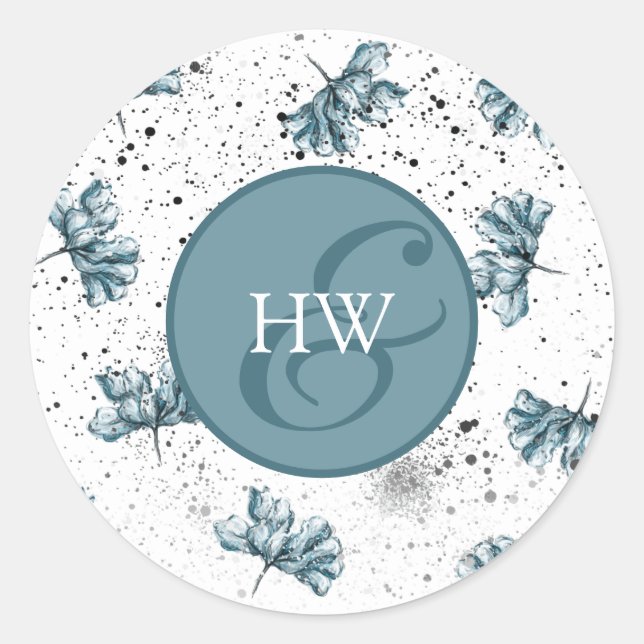 Hand painted blue Monogram Floral Classic Round Sticker (Front)