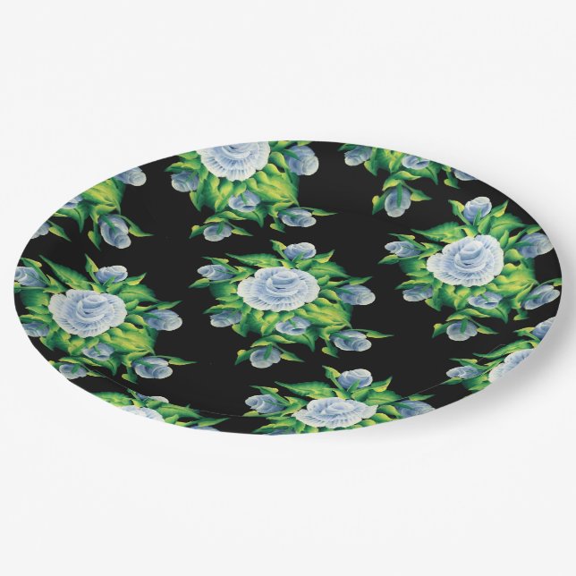 Hand Painted Blue Roses Pattern Paper Plates (Angled)