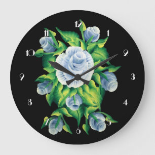 Hand Painted Blue Roses Round Wall Clock