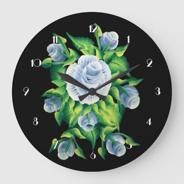 Hand Painted Blue Roses Round Wall Clock (Front)