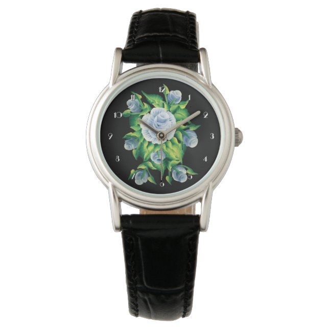 Hand Painted Blue Roses Wrist Watch (Front)