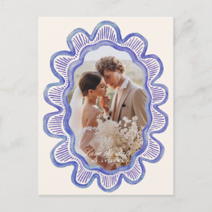 Hand-painted blue scalloped oval photo frame  postcard