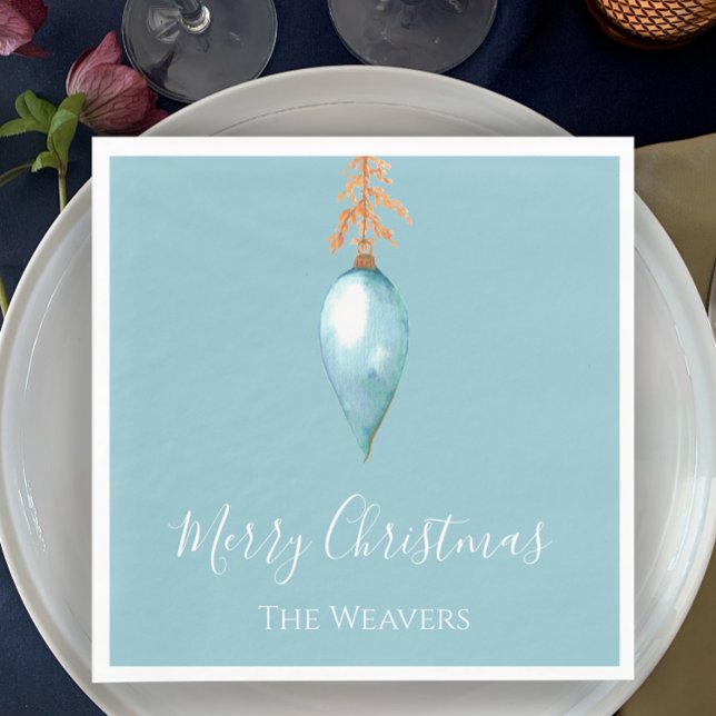 Hand Painted Blue Watercolor Custom Christmas Napkin (Personalize this hand painted original blue bauble watercolor Christmas napkin. Minimalistic blue.
)