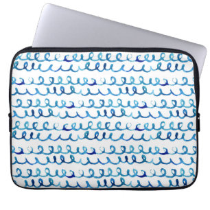 Hand Painted Blue Watercolor Wavy Pattern Laptop Sleeve