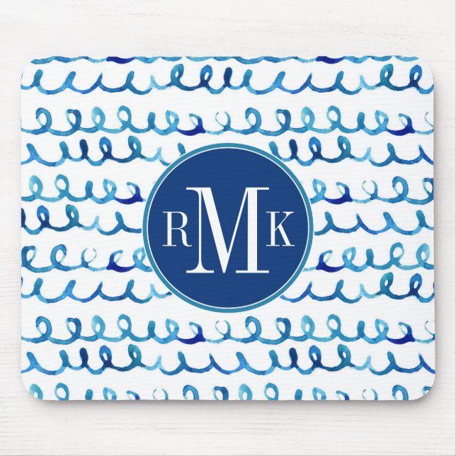 Hand Painted Blue Watercolor Wavy Pattern Mouse Pad (Front)