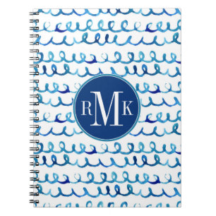 Hand Painted Blue Watercolor Wavy Pattern Notebook