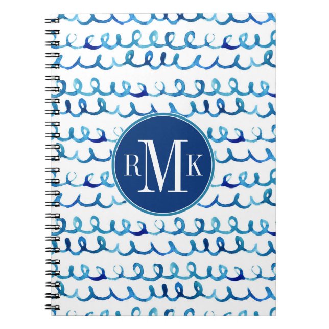 Hand Painted Blue Watercolor Wavy Pattern Notebook (Front)