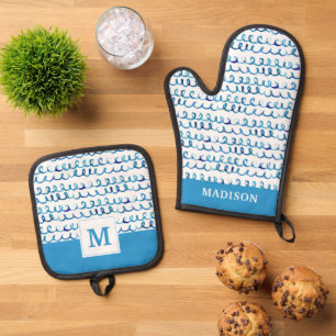 Hand Painted Blue Watercolor Wavy Pattern Oven Mitt & Pot Holder Set