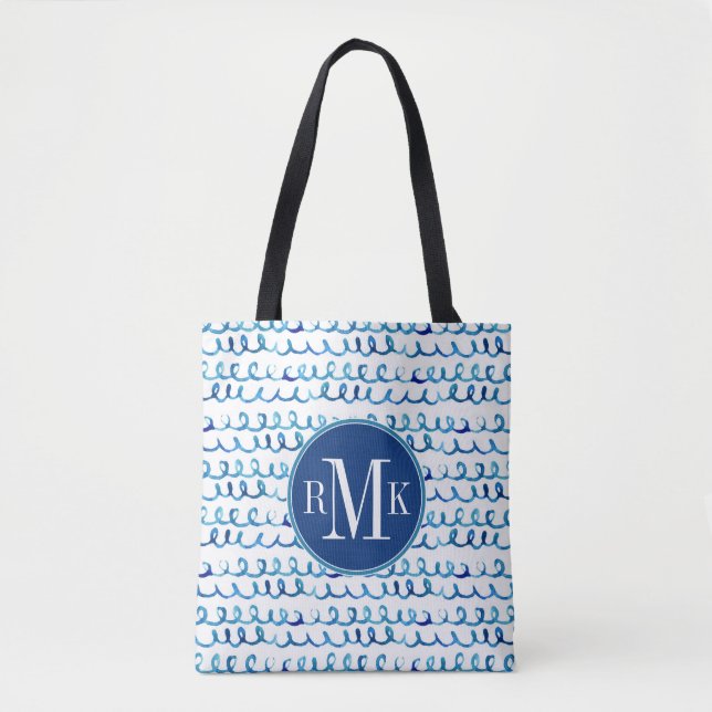 Hand Painted Blue Watercolor Wavy Pattern Tote Bag (Front)