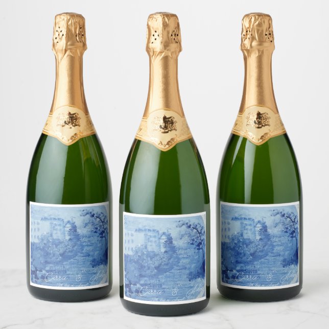 Hand Painted Blue Willow Ginger Jars Toile  Sparkling Wine Label (Bottles)
