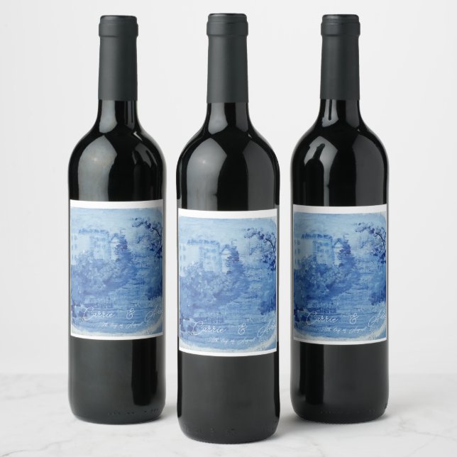 Hand Painted Blue Willow Ginger Jars Toile Wine La Wine Label (Bottles)