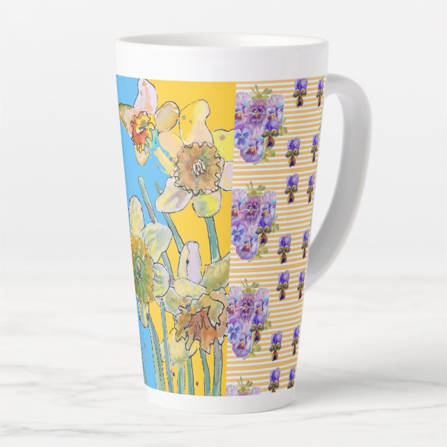 Hand Painted Blue Yellow Daffodil floral Latte Mug (Right Angle)