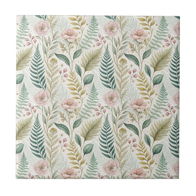 Hand-Painted Blush Floral Botanical Flower Pattern Ceramic Tile (Front)