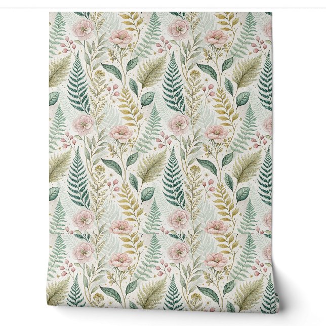 Hand-Painted Blush Floral Botanical Flower Pattern Wallpaper (Unrolling)