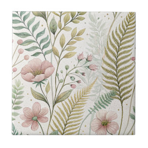 Hand-Painted Blush Flower Botanical Floral Pattern Ceramic Tile