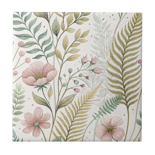Hand-Painted Blush Flower Botanical Floral Pattern Ceramic Tile (Front)