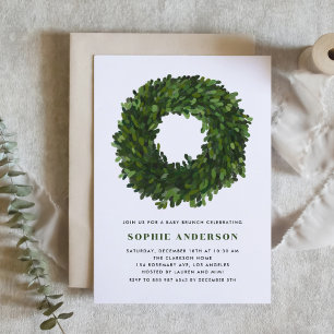 Hand Painted Boxwood Wreath Christmas Baby Brunch Invitation