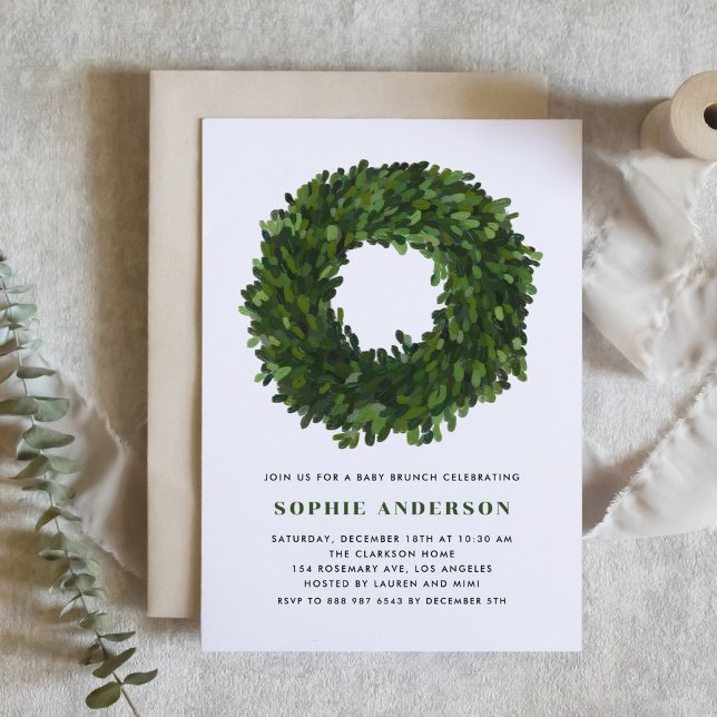 Hand Painted Boxwood Wreath Christmas Baby Brunch Invitation (Creator Uploaded)
