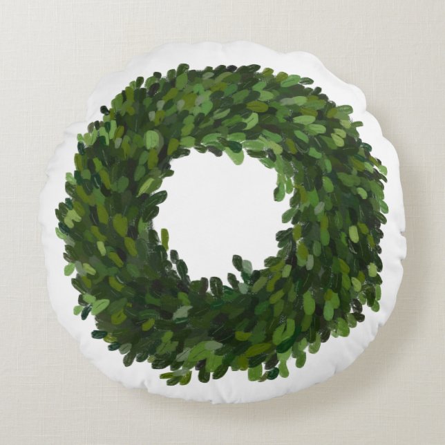 Hand Painted Boxwood Wreath Christmas Round Cushion (Front)