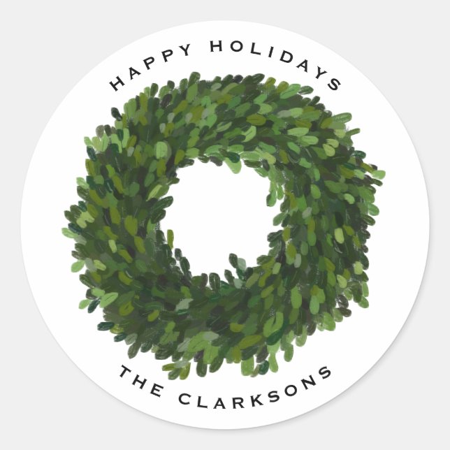 Hand Painted Boxwood Wreath Happy Holidays Classic Round Sticker (Front)