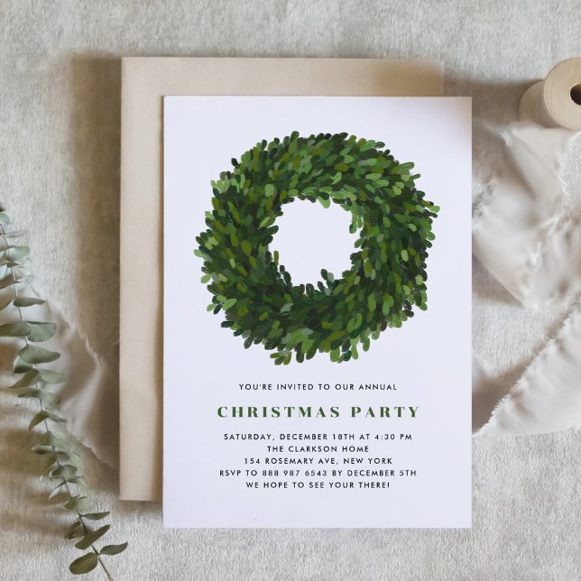 Hand Painted Boxwood Wreath Holiday Party Invitation (Creator Uploaded)