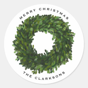 Hand Painted Boxwood Wreath Merry Christmas Classic Round Sticker