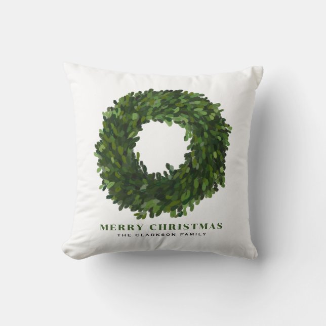 Hand Painted Boxwood Wreath Merry Christmas Cushion (Front)