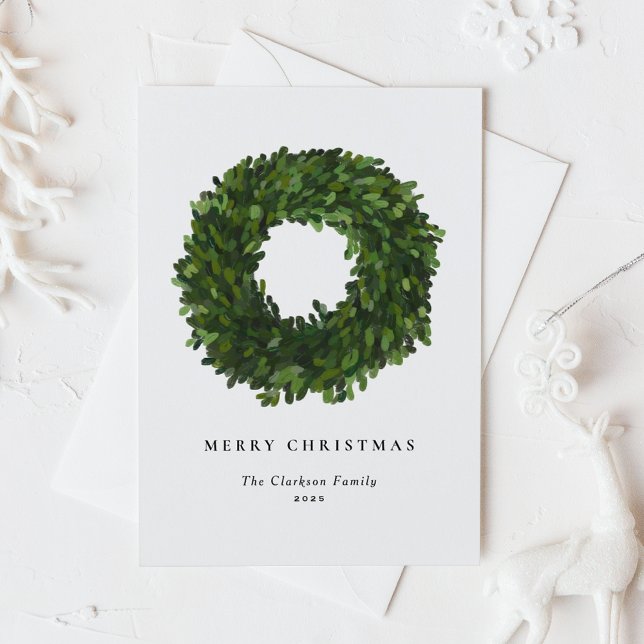Hand Painted Boxwood Wreath Merry Christmas Holiday Postcard (Creator Uploaded)
