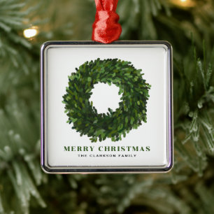 Hand Painted Boxwood Wreath Merry Christmas Metal Ornament