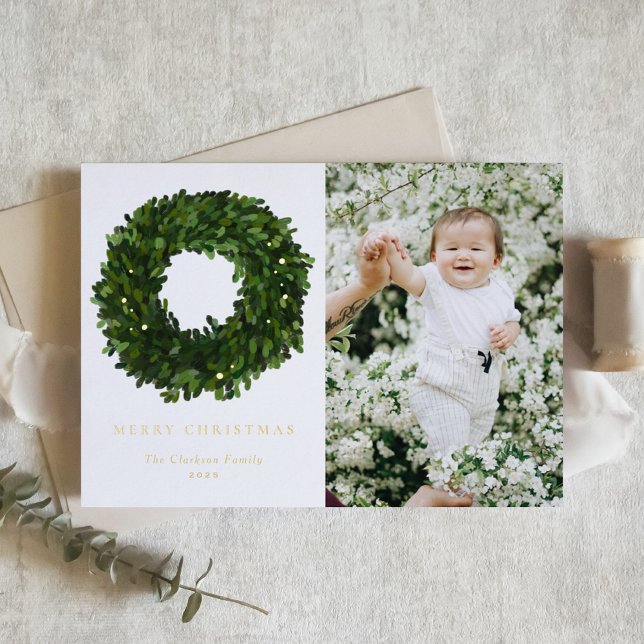 Hand Painted Boxwood Wreath Merry Christmas Photo Foil Holiday Card (Creator Uploaded)