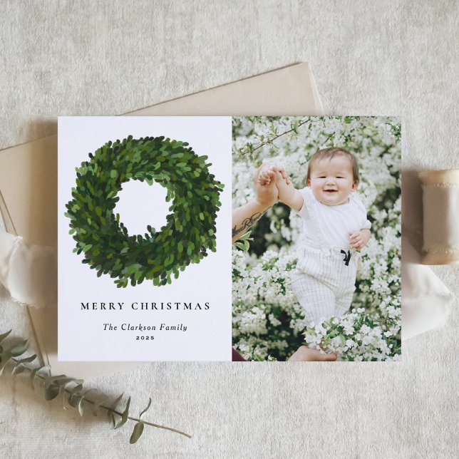 Hand Painted Boxwood Wreath Merry Christmas Photo Holiday Card (Creator Uploaded)