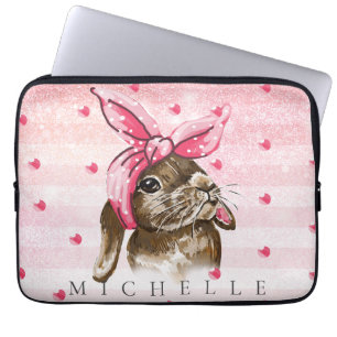 Hand painted Bunny with pink bow Personalised Laptop Sleeve