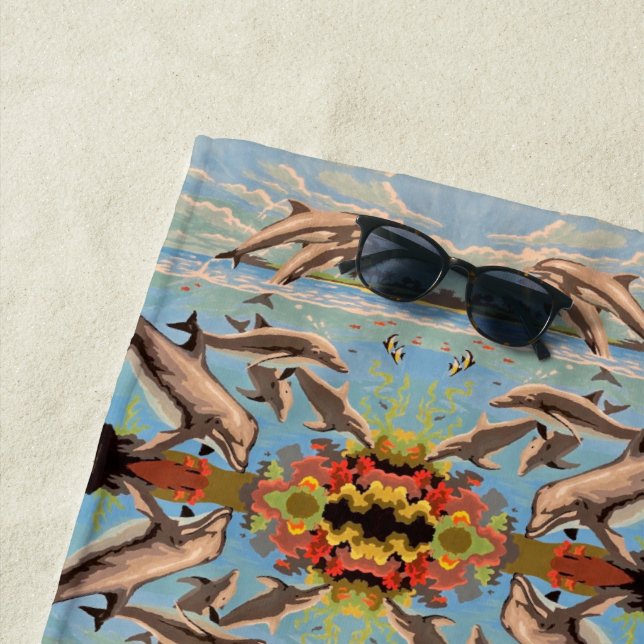 Hand Painted By Number Dolphins | Mirror Tiled | Beach Towel (In Situ)