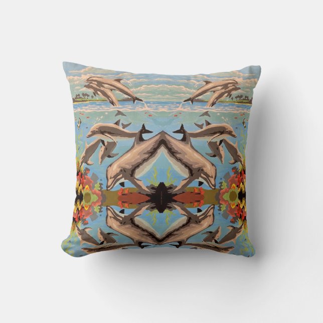 Hand Painted By Number Dolphins | Mirror Tiled | Cushion (Front)