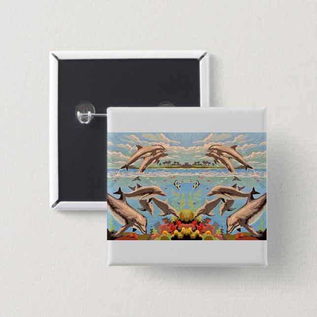Hand Painted By Number | Playful Dolphins | 15 Cm Square Badge (Front & Back)