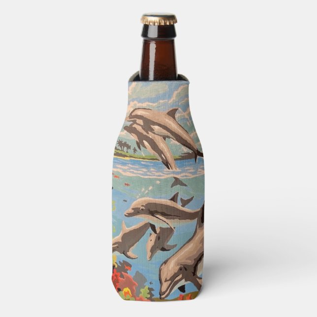 Hand Painted By Number | Playful Dolphins | Bottle Cooler (Bottle Front)