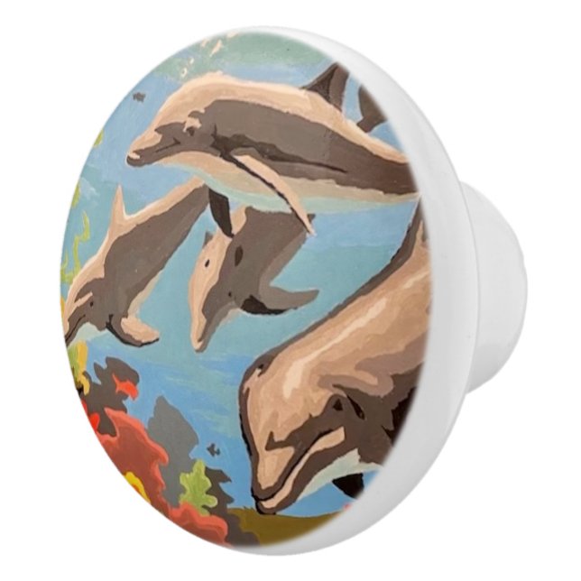 Hand Painted By Number | Playful Dolphins | Ceramic Knob (Right)