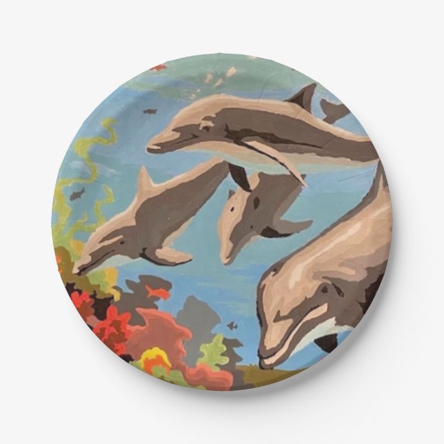 Hand Painted By Number | Playful Dolphins | Paper Plate (Front)