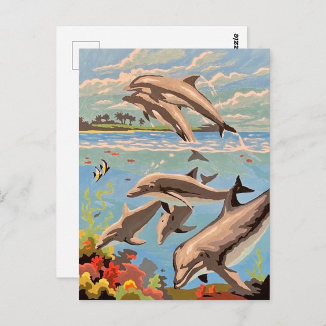 Hand Painted By Number | Playful Dolphins | Postcard (Front/Back)