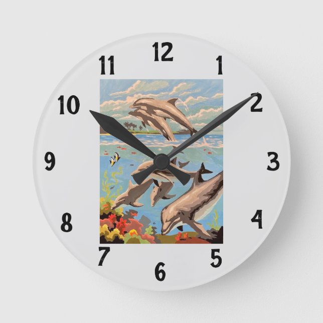 Hand Painted By Number | Playful Dolphins | Round Clock (Front)