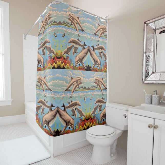Hand Painted By Number | Playful Dolphins | Shower Curtain (In Situ)