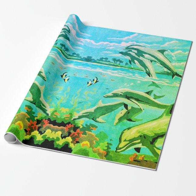 Hand Painted By Number | Playful Dolphins | Wrapping Paper (Unrolled)